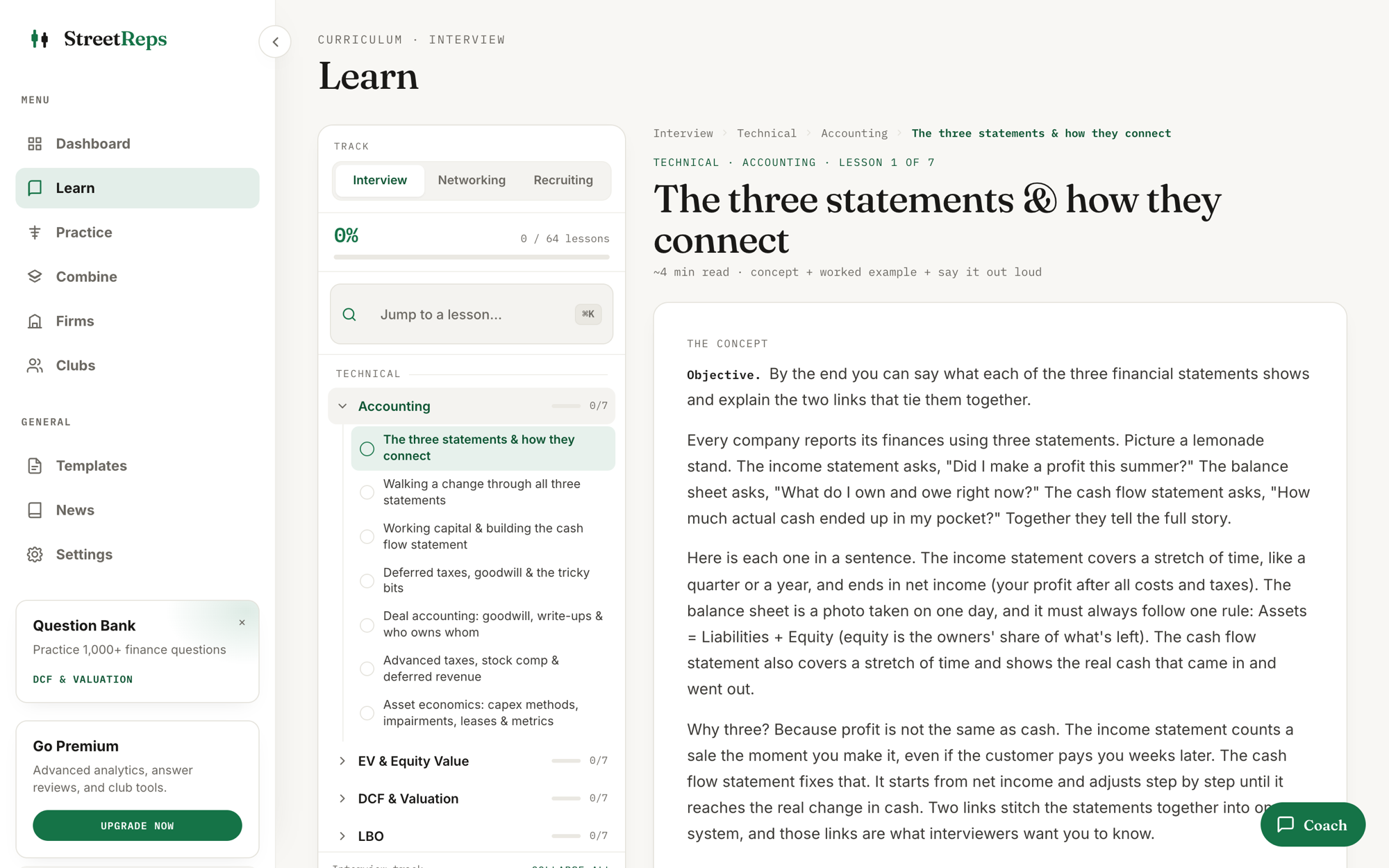 The Learn page: a lesson on the three financial statements beside the full curriculum outline.