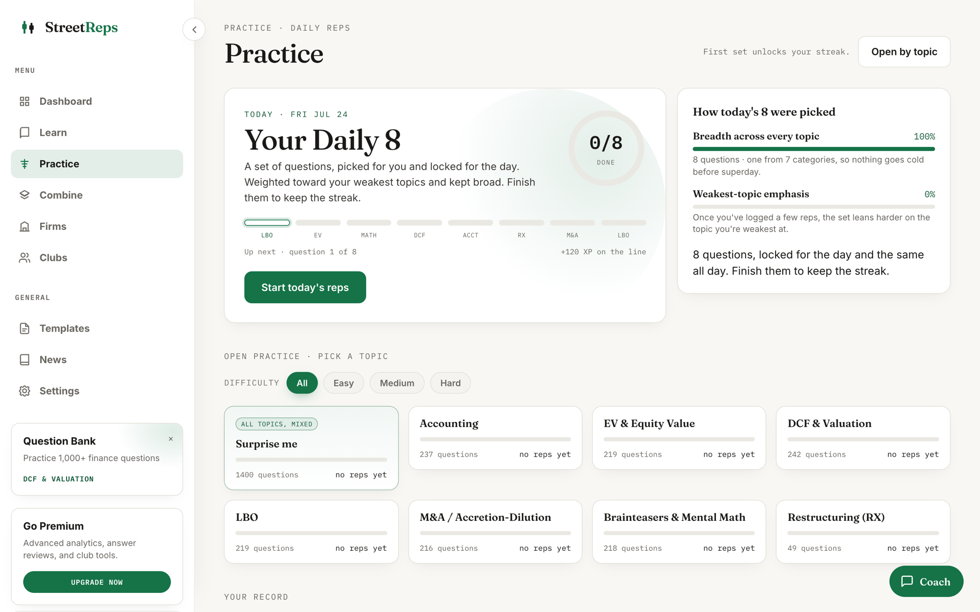 The Practice page: today's set of eight questions and topic-by-topic question banks.
